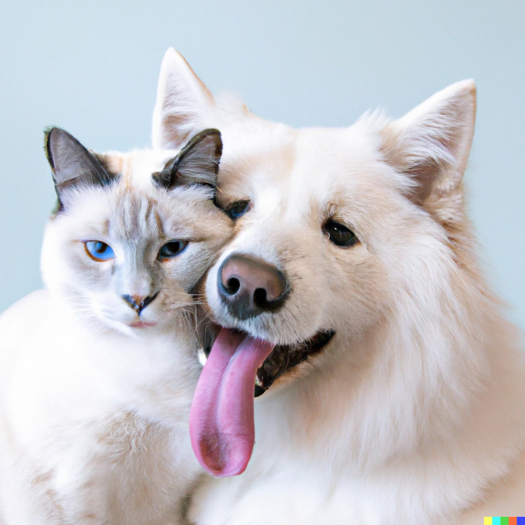 A photo of a Samoyed dog with its tongue out hugging a white Siamese cat